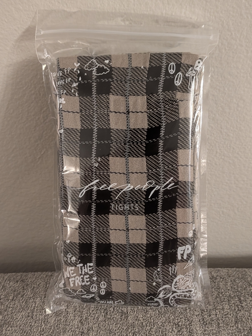 Free People Black and Tan Plaid Tights - Packaged